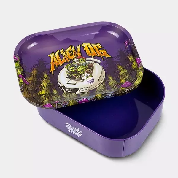 Visualizzazione Scatola di Mettallo con Vassoio per Rollare 'Alien OG'