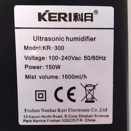 Umidificatore a parete Super Grower 1,6 L/h con etichetta delle specifiche