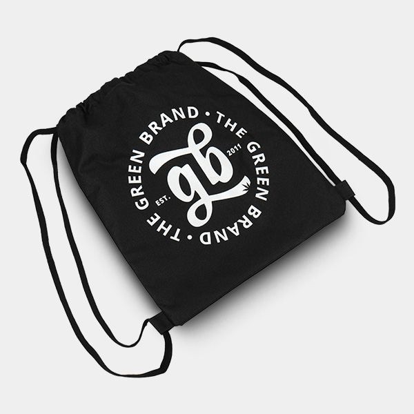 Visualizzazione Sacca GB con cordino di colore nero e logo The Green Brand