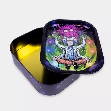 Scatola di metallo con vassoio per rollare 'Meditazione Rick' aperta