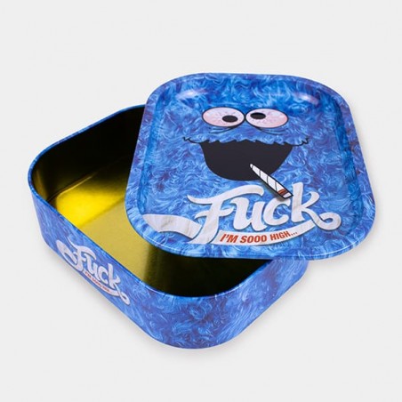 Scatola di metallo con vassoio per rollare 'Fuck' aperta