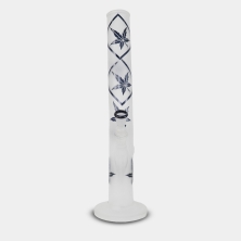 Vista frontale del bong in vetro satinato con foglie blu, 42 cm