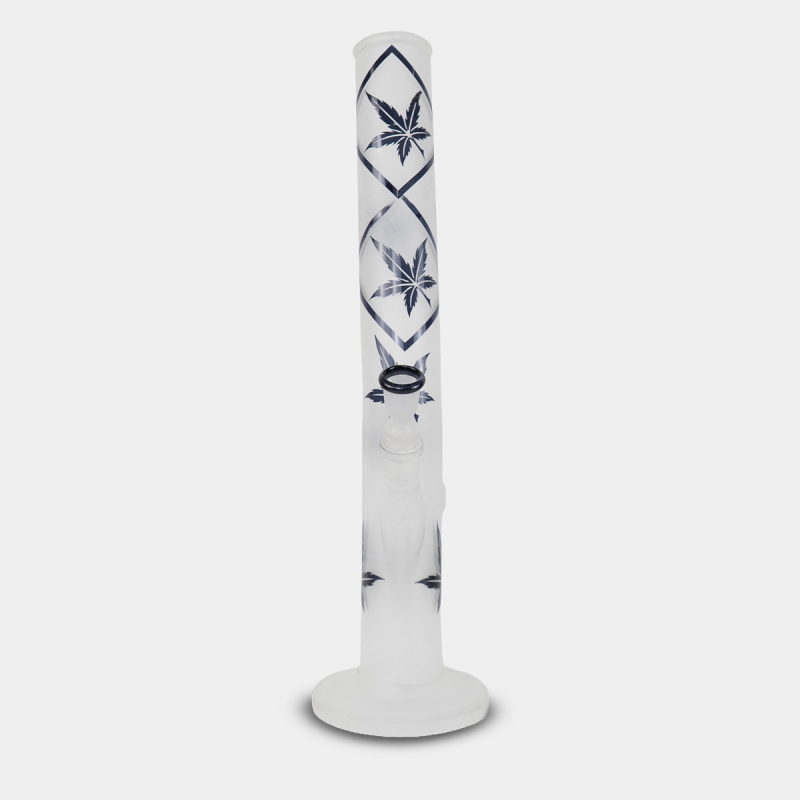 Vista frontale del bong in vetro satinato con foglie blu, 42 cm