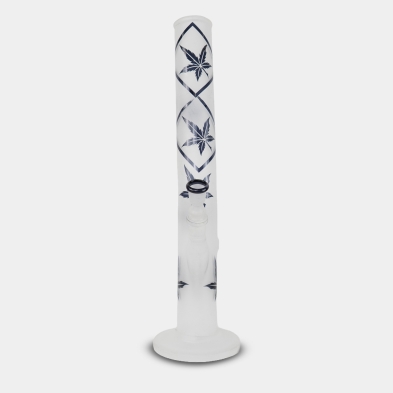 Vista frontale del bong in vetro satinato con foglie blu, 42 cm