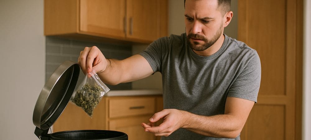 uomo che getta marijuana nella spazzatura di casa