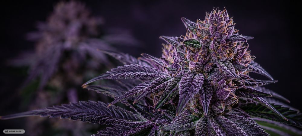 Immagine ravvicinata di una cima di kush viola completamente resinosa